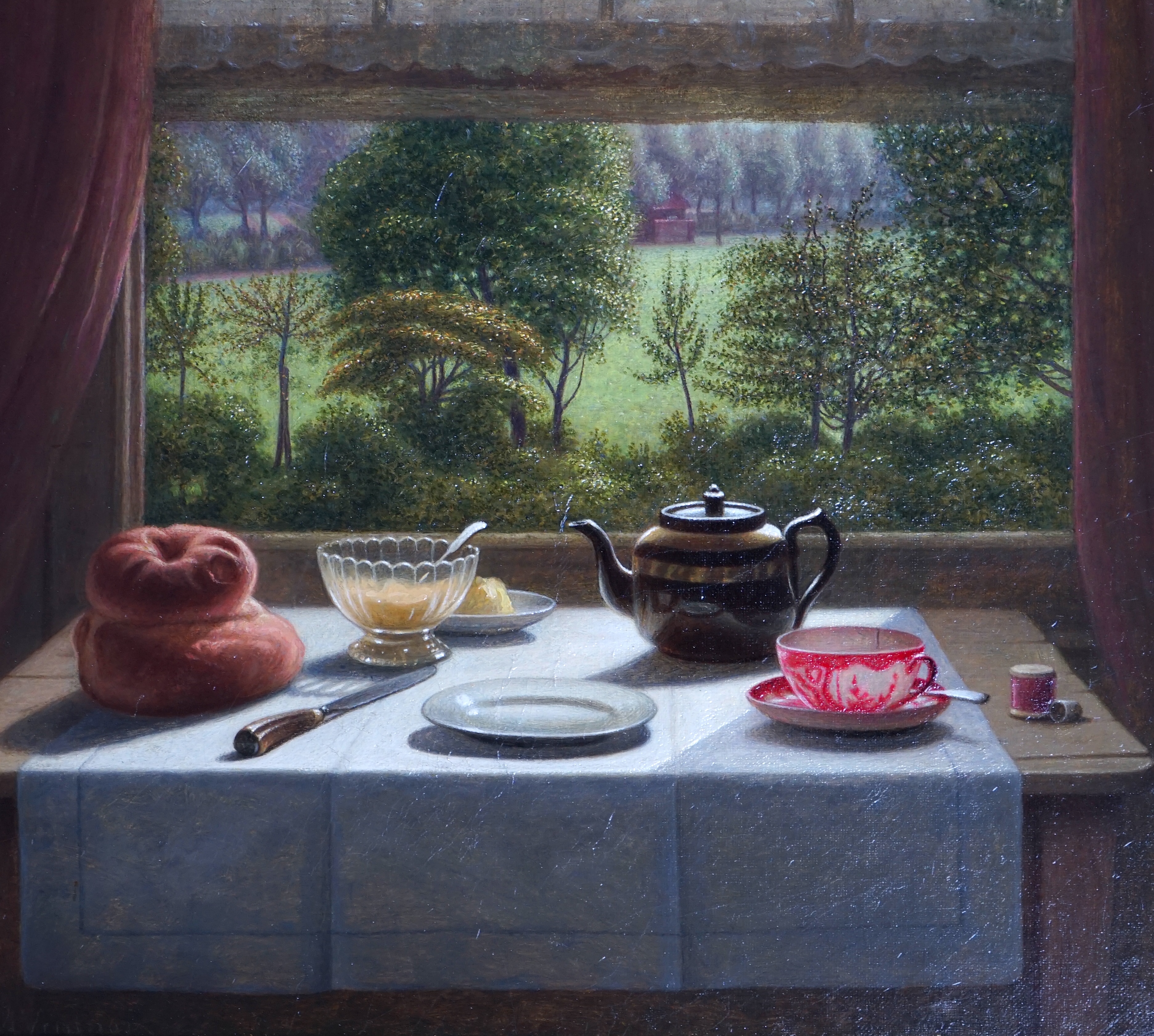 Arthur George Ventnor (British, 1866-1934), Tea table still life with parkland beyond, oil on canvas, 27 x 30cm